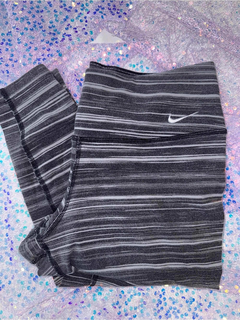 2310-Nike Black & Gray Striped Athletic Leggings